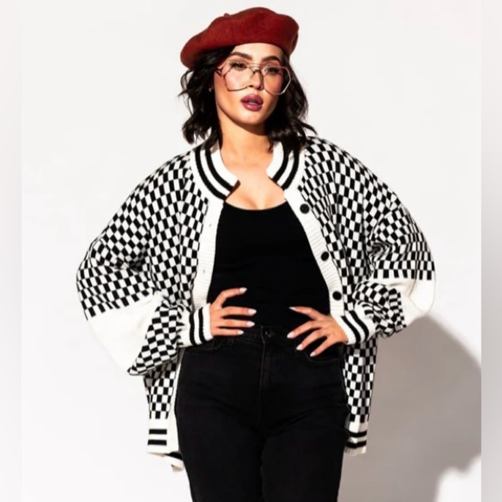 LALA Grandpa Cardigan oversized checkered sweater